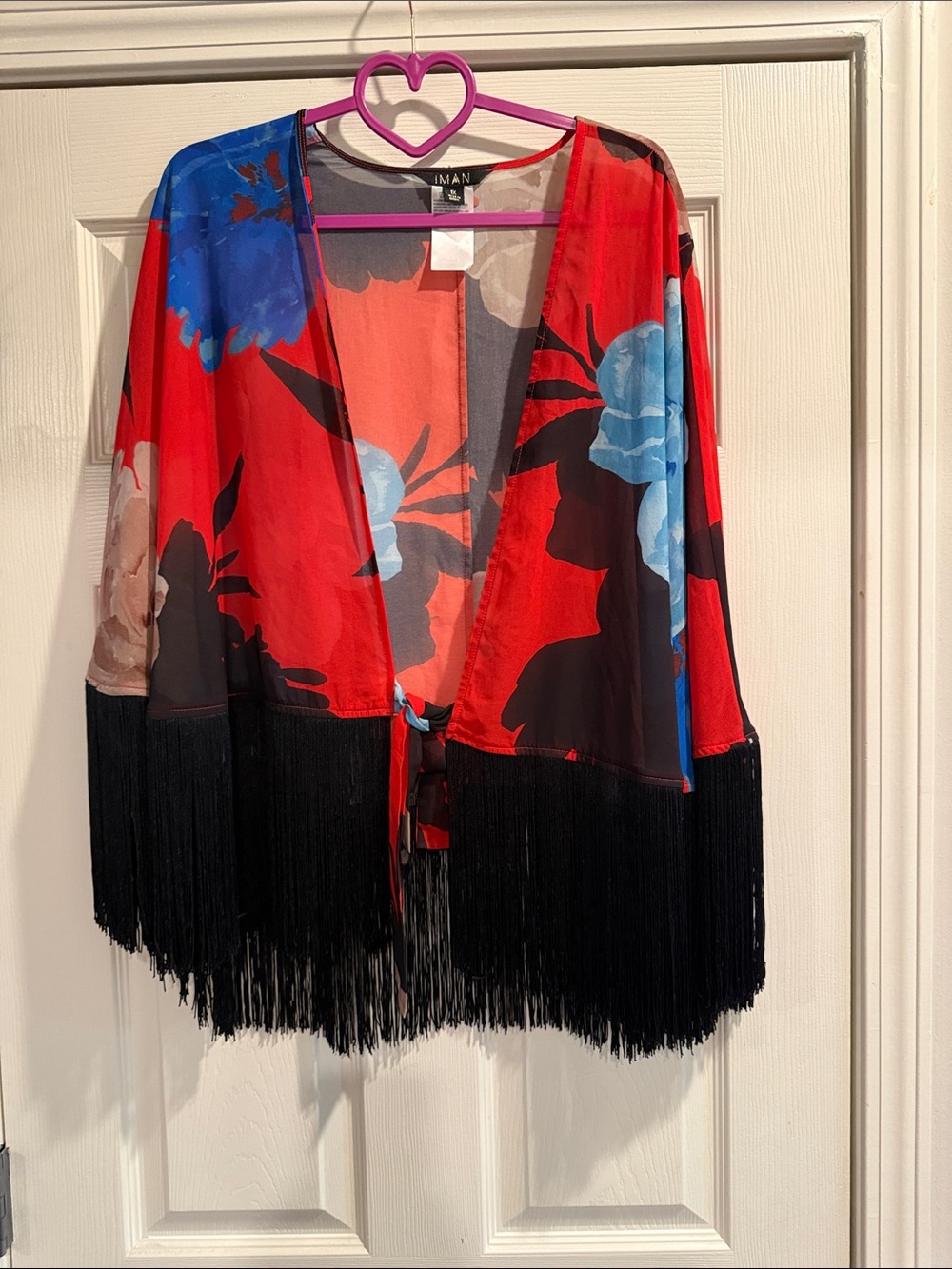 IMAN Red Floral Fringe Open-Front Cape with Blue Accents